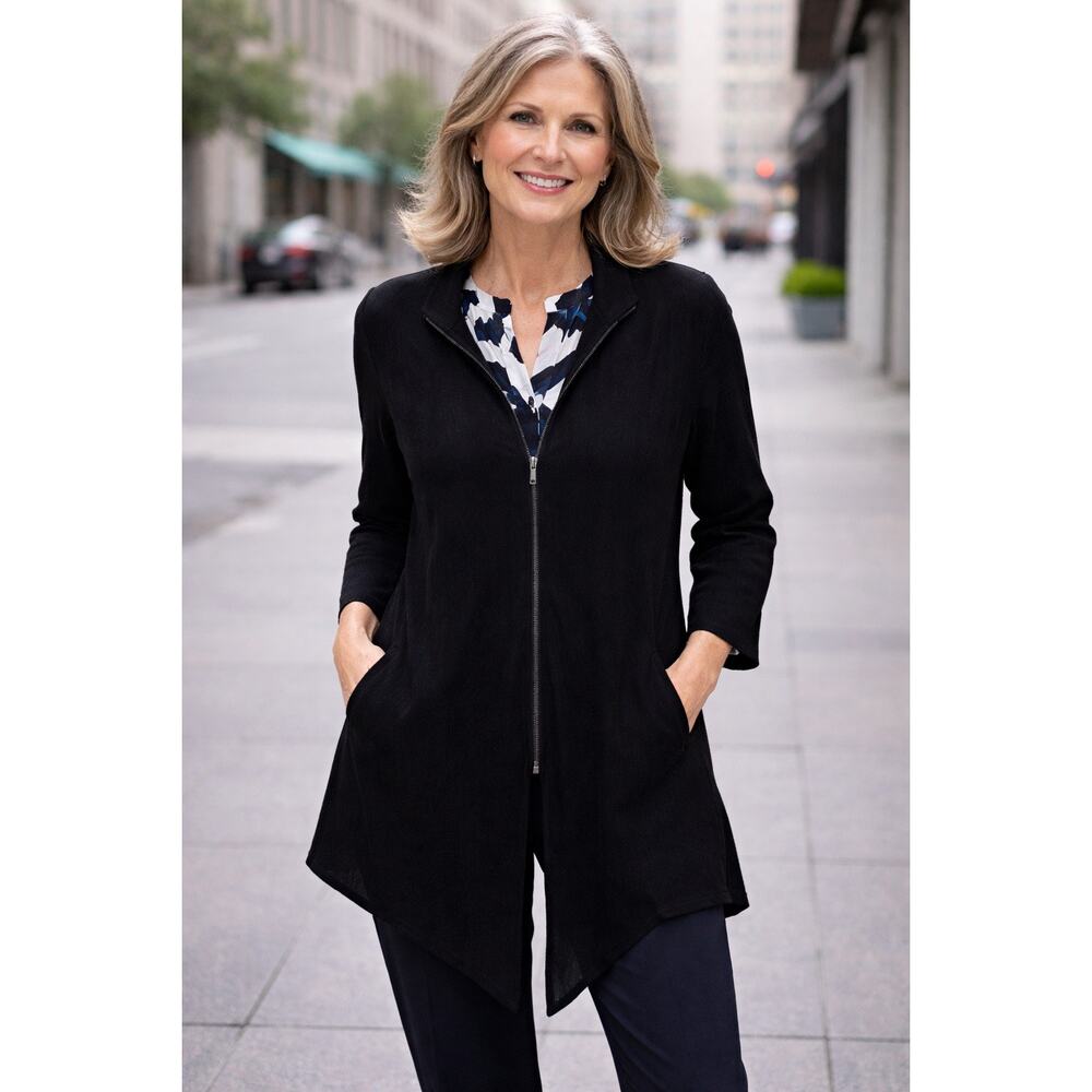 Fridaze Black 100% Linen Full Zip Top Lagenlook Coastal Lightweight Women Lrg